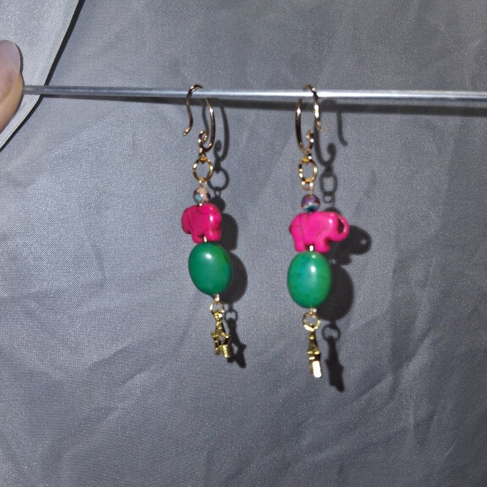 Elegant Pink Elephant Earrings with Natural Gemstones and Gold Stars Boho Chic